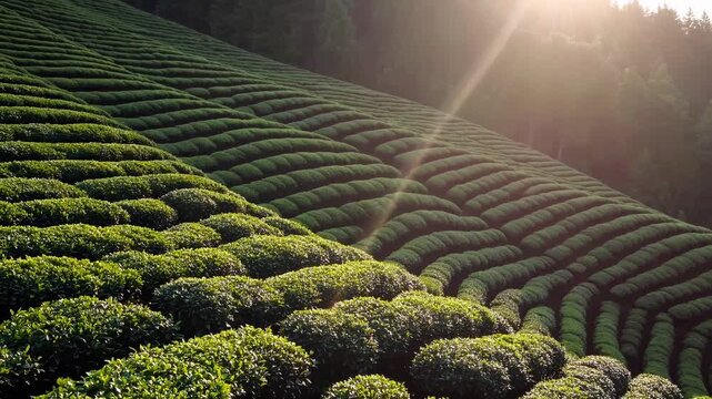Sunlit tea plantation on rolling hillside. Tea row pattern forms curved green lines across field. Sunrise light creates sunbeam over bush and forest. Agriculture and farming show crop growth now.