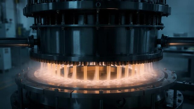 Medium shot capturing radial quench system where cooling air surrounds molten filaments uniformly highlighting circular airflow patterns and controlled cooling rates.