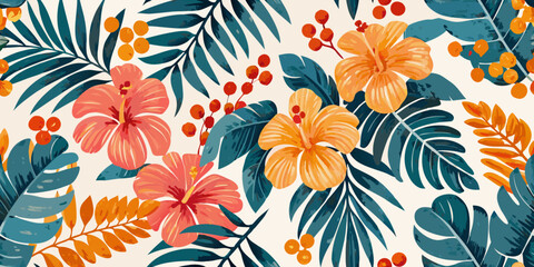 Tropical floral pattern with hibiscus palm leaves and berries © Prince