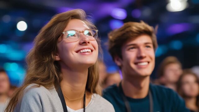 274Close-up of young professionals laughing together while attending a startup booth presentation, focus on faces and upper bodies, branded exhibition stands blurred in background, li