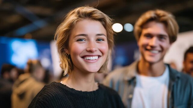 275Close-up of young professionals laughing together while attending a startup booth presentation, focus on faces and upper bodies, branded exhibition stands blurred in background, li