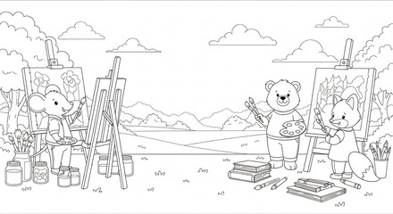 Obraz premium かわいい動物たちが穏やかに絵を描く、線画イラスト風景