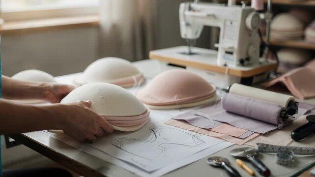 Medium shot of artisan carefully laminating foam and fabric layers for pushup bra cups highlighting detailed craftsmanship in intimate apparel manufacturing.