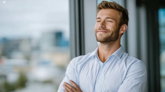 293Male office worker enjoying a moment of relaxation near a window, standing with arms crossed loosely, city skyline softly blurred outside, thoughtful calm expression, modern profes