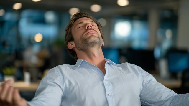 300Male employee practicing mindful breathing at his workstation, shoulders relaxed, eyes closed, clean modern office background, daylight-balanced lighting, wellness at work concept