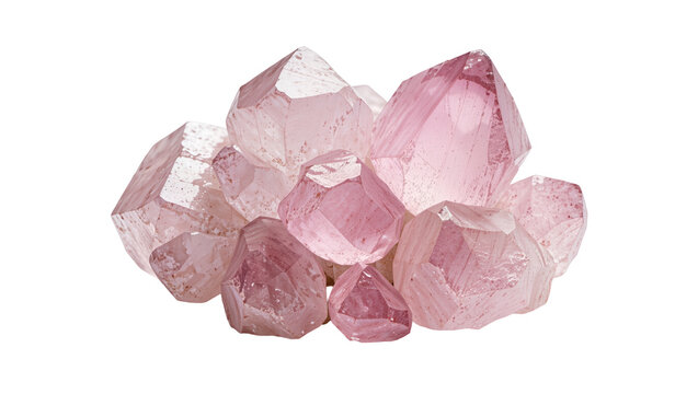 Isolated cluster of natural pink rose quartz crystals, beautiful mineral gemstone pile