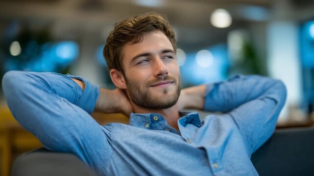 302Content male office worker embracing a moment of relaxation in a modern workspace, gentle smile, warm natural light, uncluttered environment, peaceful professional lifestyle photog