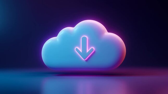 Cloud icon with download arrow in purple and blue light on dark background