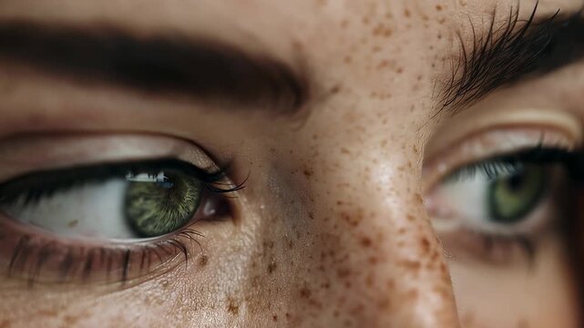 Captivating closeup showcasing mesmerizing green eyes with striking details and natural freckles