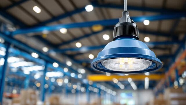 185Macro shot of blue industrial ceiling light, LED bulbs illuminated, steel beams and warehouse ceiling structure blurred in background, high-detail textures, modern industrial light