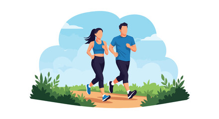 Naklejka premium Modern vector illustration of couple jogging on green trail surrounded by fresh spring landscape and blooming trees
