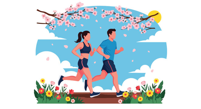 Modern vector illustration of couple jogging on green trail surrounded by fresh spring landscape and blooming trees