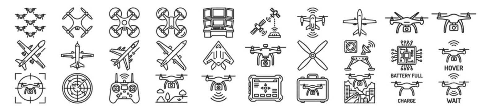 drone and uav icon set with quadcopter aircraft, remote controller, radar navigation and aerial technology symbols vector illustration collection on transparent background
