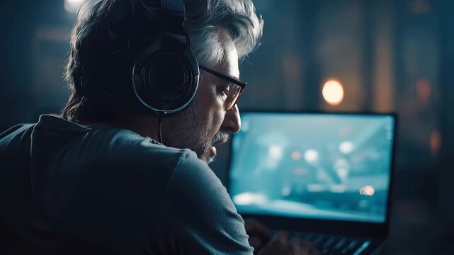 Man wearing headphones engaged in online gaming on a laptop in a dimly lit room during nighttime