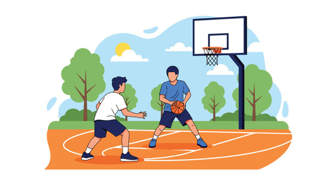 Modern vector illustration of teenagers playing basketball outdoors under clear spring sky in community playground