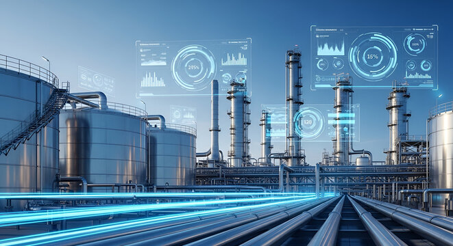 Oil refinery industrial plant with digital technology data interface energy production petroleum processing pipelines storage tanks modern industry infrastructure