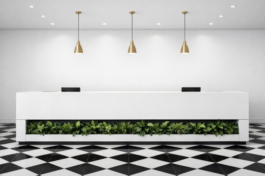 Modern empty hotel lobby reception desk front area."" Ai generative