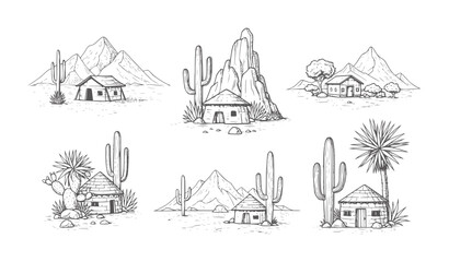 Obraz premium Six hand drawn desert dwellings with cacti and mountains house cabin