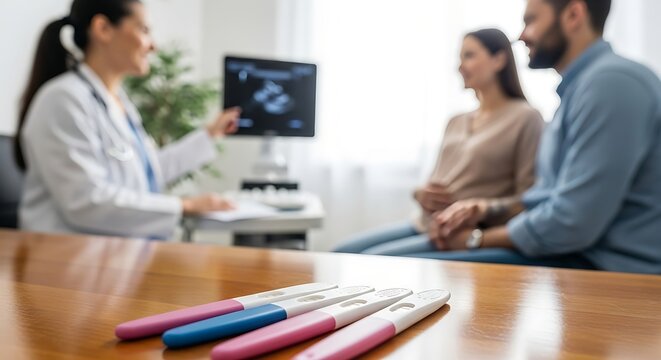 Couple consulting doctor about pregnancy test results