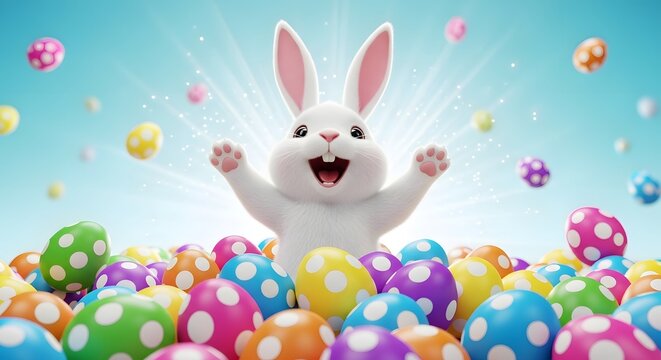 A white cartoon bunny standing in a pile of colorful easter eggs