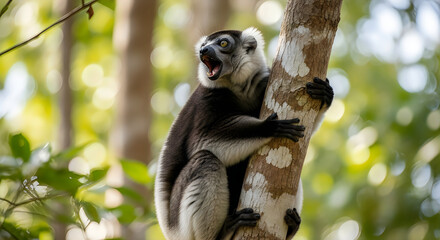 Fototapeta premium Indri Lemur Calling in Tree Vertical Rainforest Shot