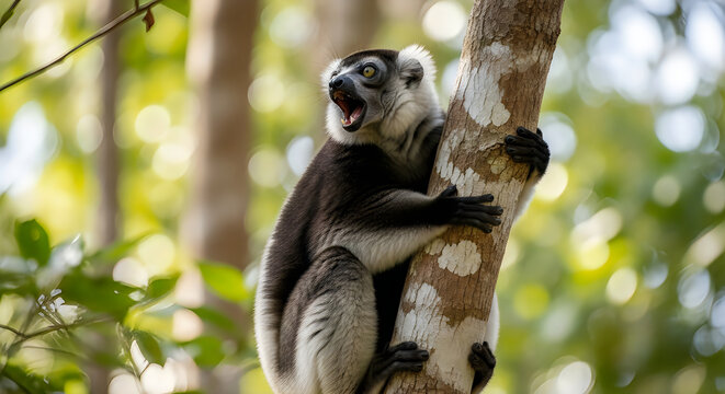 Indri Lemur Calling in Tree Vertical Rainforest Shot

