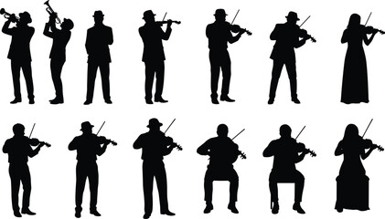 Musician silhouettes set, violin and trumpet players performing collection, classical music orchestra artists, black isolated vector illustration © Abu