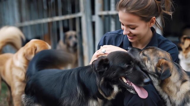 Female volunteer interacts with rescued dogs at an animal shelter during the afternoon, showcasing compassion and care for abandoned pets