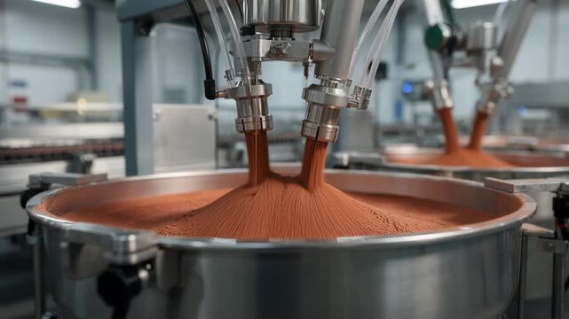Close medium shot of automated machinery handling mortargrade oxide pigments emphasizing precision in manufacturing selfcleaning building materials.