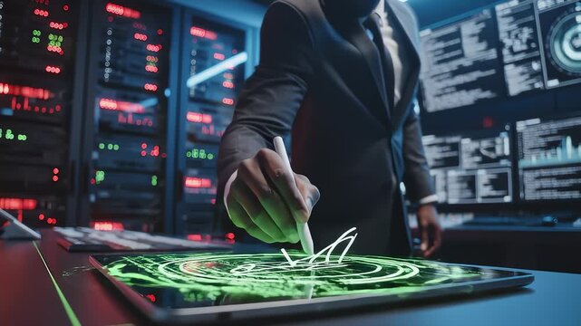 Man In Suit Confirms Access On Tablet In Server Room