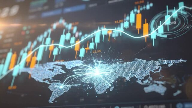 Global financial market analytics animation video, stock trading data visualization background, digital fintech investment technology concept, world economy trend analysis