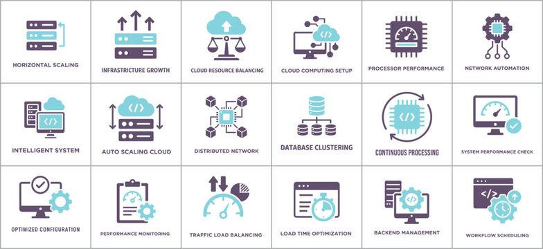 Cloud computing and network optimization icons set for business and technology concepts