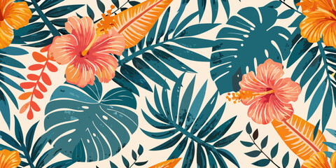 Tropical hibiscus and monstera leaves create a vibrant floral pattern © Sukla