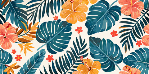 Tropical leaves and hibiscus flowers create a vibrant repeating pattern © Sukla