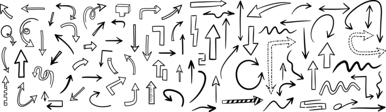 A complex arrangement of arrows and letters in a chaotic composition