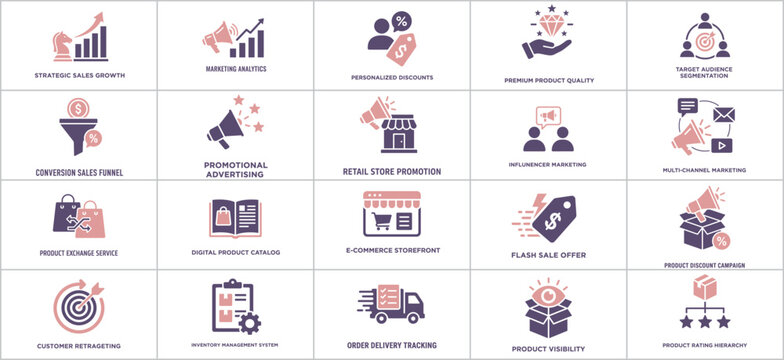 E-commerce marketing and sales strategy icons set for business growth and optimization