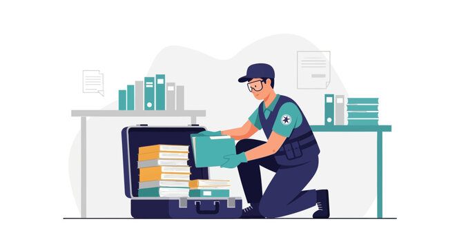 Archivist organizing documents in a briefcase, business and data management concept