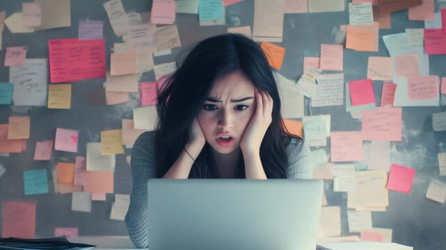 Stressed young asian professional overwhelmed, gripping head while working on laptop at cluttered home office desk with sticky notes surrounding workspace