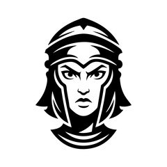 Logo mujer guerrera de fantasía. Icono con cara de mujer con casco de legionario romano. © teracreonte