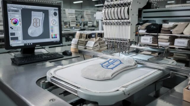 Medium shot of personalized monogram socks being printed focusing on detailed embroidery software and smallbatch manufacturing in a sleek modern facility.
