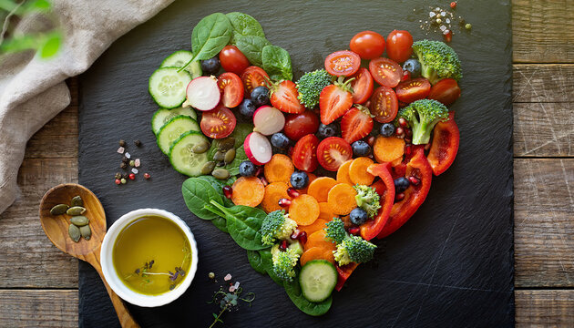 Healthy heart made from vegetables and fruits ai illustration 