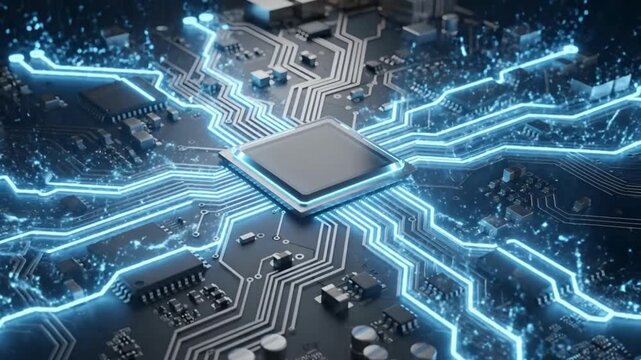High speed processor circuit animation video, glowing digital motherboard connections, advanced computing data network background, futuristic electronic technology concept