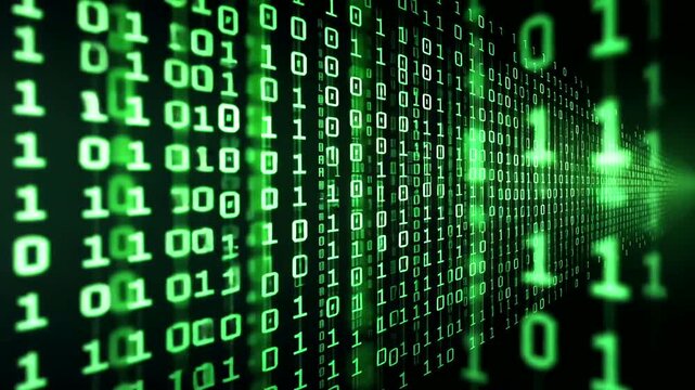 Green binary code on black background.