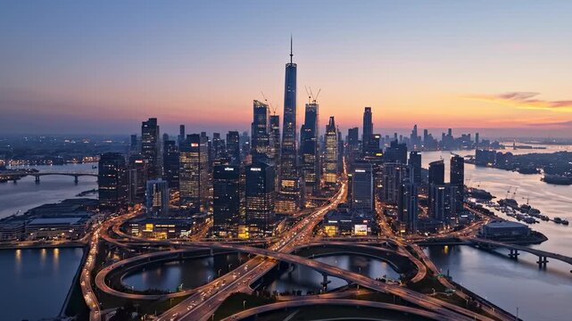 Aerial View Of A Modern Cityscape With Busy Highway Interchange At Dus