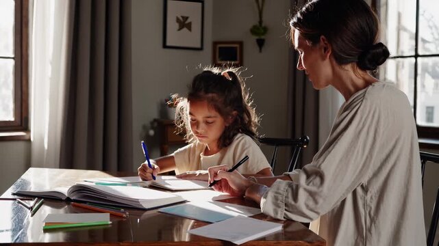 Mother helping child study and write. Parent guides daughter with homework and learning. Calm home setting shows education and tutoring support. Family focus highlights bonding and deep concentration.