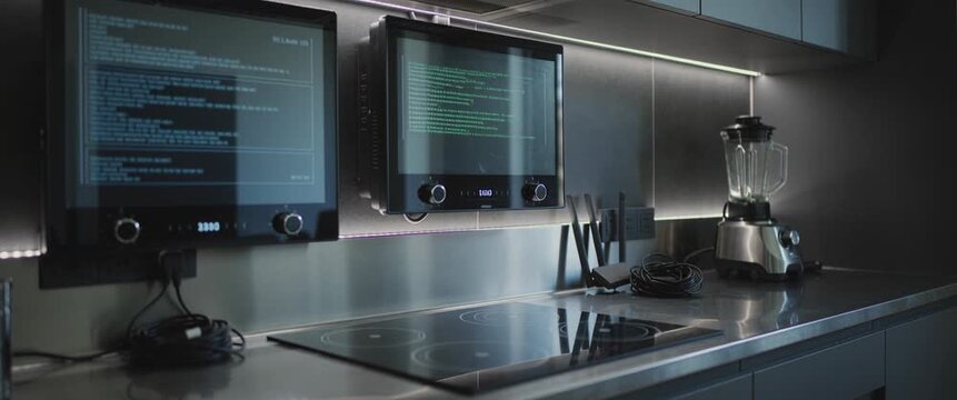 Smart Home Automation Concept Kitchen With Integrated Smart Technology And Data Displayed On Screens Modern Living.