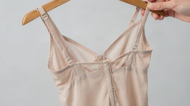 Medium shot of a lightweight camisole gently pulled from a hanger focusing on intricate closure details and breathable fabric.