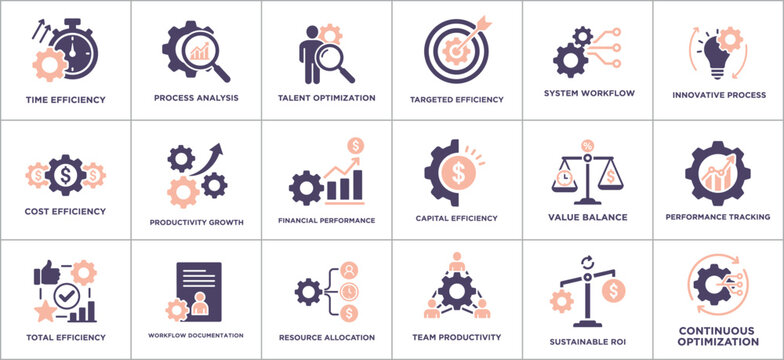 Business Efficiency Icons Set for Productivity and Optimization Concepts
