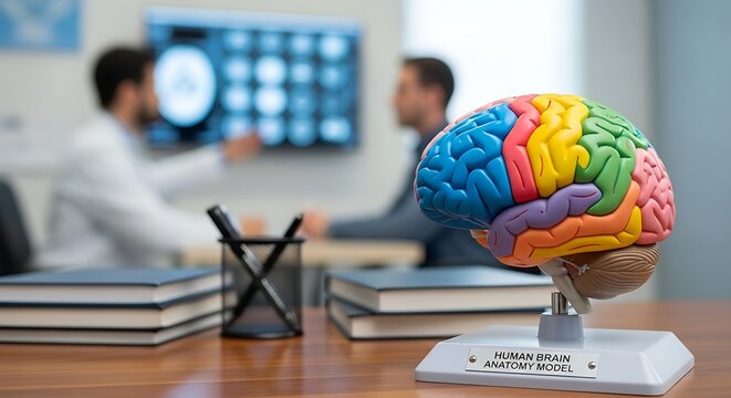 Anatomical brain model on a desk with two professionals in background