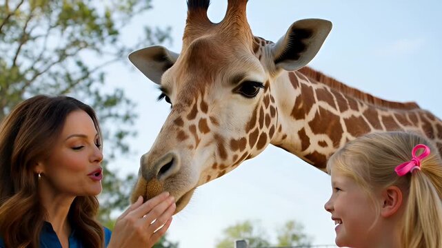 Family Feeding Giraffe Zoo Safari Adventure, Child & Mother Interaction